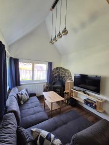 a living room with a couch and a tv at Antonios Hüttenzauber in Oberhof