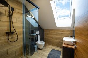 a bathroom with a shower and a toilet and a window at Chata Alexia Oravice in Vitanová +96 photos