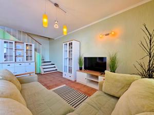 a living room with a couch and a television at Великі котеджі з терасами у моря Совіньйон in Odesa