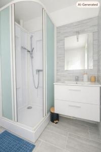 a white bathroom with a shower and a sink at L'échappée Seine - Idéalement situé in Barentin