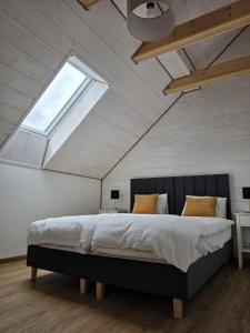 a bedroom with a large bed with a skylight at Bieszczady Bóbrka 24 in Bóbrka