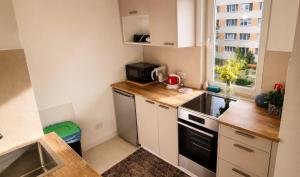 a small kitchen with a sink and a stove at Apartament Okrzei in Lublin