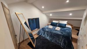 a bedroom with a bed with blue sheets and a mirror at Duplex Sauna Cinéma in Riom
