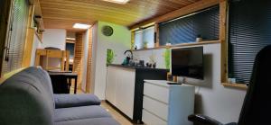 a living room with a couch and a tv and a kitchen at Ranč na hribu in Trebnje