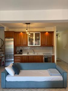 a living room with a blue couch in a kitchen at Luxury View in Iraklitsa