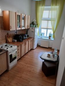 a kitchen with a stove and a table in it at Friendly House in Bolesławiec