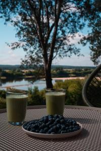 a plate of blueberries and two drinks on a table at PrzyStań w Ciszy in Kozielec