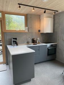 a kitchen with a sink and a counter top at Leilighet ved fjorden in Årak