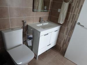 a bathroom with a white sink and a toilet at Casa do Pinheiro in Louriceira +21 photos