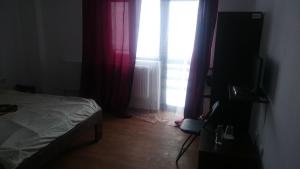 a bedroom with a bed and a window with red curtains at Pensiunea Varful Roman in Horezu