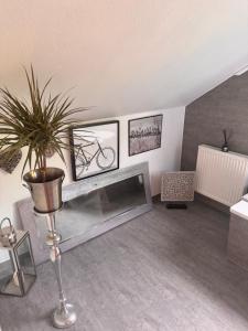 a living room with a potted plant and a fireplace at Ferienwohnung Salzwiese in Brodenbach