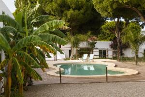 a swimming pool in a yard with two chairs and trees at CALMA TIPI Glamping con piscina en Chiclana in Chiclana de la Frontera