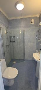 a bathroom with a shower and a toilet and a sink at Vandrarhemmet Tallbacka/Ängelsberg Hostel in Ängelsberg +89 photos