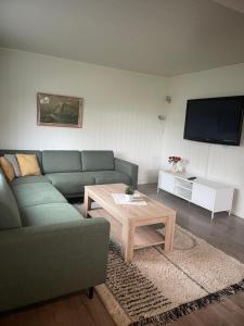 a living room with a couch and a coffee table at Sivi`s hus in Moskenes