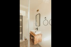 a bathroom with a sink and a mirror at gemütliches Holzhaus am See in Warin +23 photos