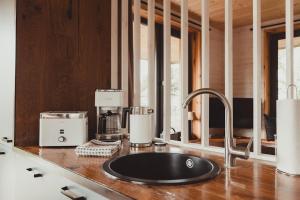 a kitchen counter with a sink and a mixer at gemütliches Holzhaus am See in Warin