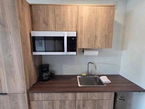 a kitchen with a sink and a microwave at PeachView Studio 103 in Peachland