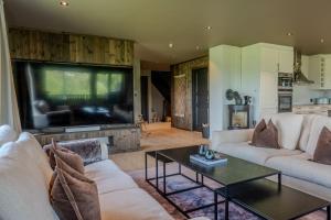 a living room with a large flat screen tv at Stort hus med jaquzzi in Geilo
