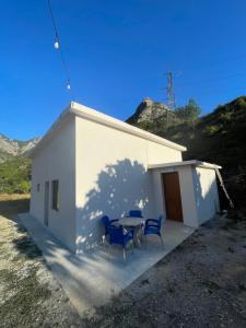 a white building with blue chairs and a table at Bujtina Dalmacia 2 in Shkodër +23 photos