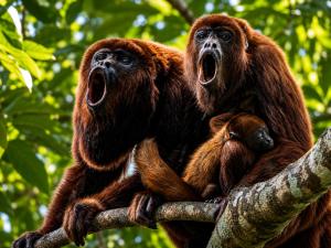 two chimpanzees sitting on a tree branch yawning at Hotel Boutique Maitta en Doradal Antioquia in Doradal
