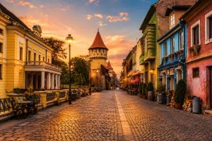 a cobblestone street with a castle in the background at History Apartments Cetății in Sibiu