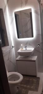 a bathroom with a toilet and a sink and a mirror at Private small studio in Qrendi