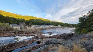 a river with rocks and trees in the background at Gjestehus i Tveit in Kristiansand