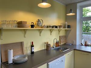 a kitchen with a sink and a counter with plates and glasses at Roholtegaard in Faxe
