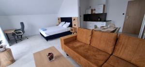 a living room with a couch and a bed at Bursztynowa Rosa & Wypożyczalnia rowerów elektrycznych in Łeba