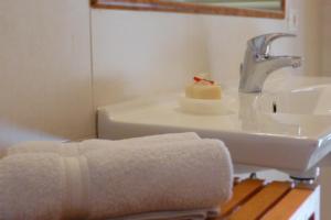 bagno con lavandino e asciugamano di Apartments Ansciuda a Ortisei