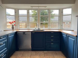 a large kitchen with blue cabinets and windows at Bright and quiet townhouse in Bellinge +7 photos