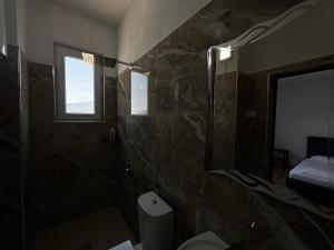 a bathroom with a shower and a toilet and a window at ARBI GUEST House in Kukës