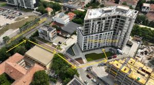 an overhead view of a tall building in a city at LaRa Apartament in Timişoara