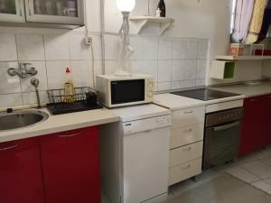 a small kitchen with a microwave and a sink at Katata Apartment One -Bedrom in Podgorica