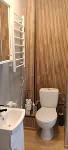 a bathroom with a white toilet and a sink at Sowia Dziupla in Zagórze Śląskie