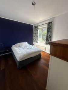 a bedroom with a bed with a blue wall and a window at Ferienhaus mit Privatgarten in Gambarogno