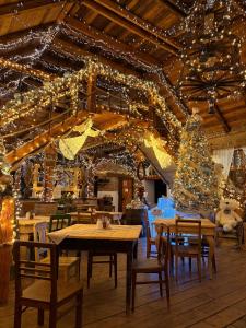 a restaurant with christmas lights and tables and a christmas tree at Hostinec U Rypáka in Vrátkov