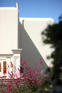 a white building with pink flowers in front of it at Aithra -Agios Petros Andros in Gavrio