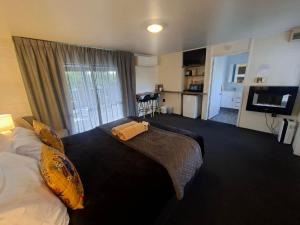 a hotel room with a bed and a television at Mackenzie Motels in Fairlie
