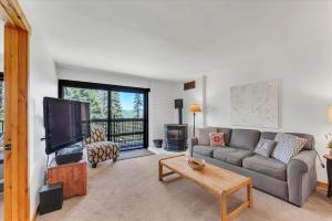 a living room with a couch and a flat screen tv at Chez Vaupen in Alpine Meadows