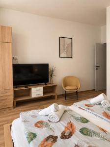 a bedroom with a flat screen tv and a bed at Barcs Thermal Apartments in Barcs