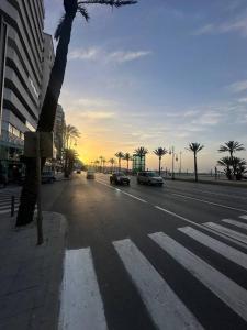 a street with cars driving down a street with palm trees at Stars Hostel Tangier in Tangier