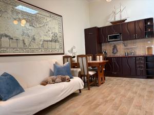 a teddy bear laying on a couch in a living room at Apartamenty NAUTICA Rowy, 150m od plaży in Rowy