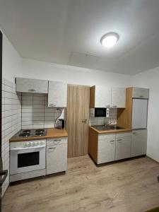 a kitchen with white appliances and wooden cabinets at Sólyom Szálló in Szombathely