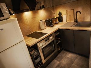 a small kitchen with a white refrigerator and a sink at Slunečná Chalet in Velké Chvojno