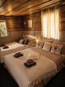 two beds in a room with wooden walls at Slunečná Chalet in Velké Chvojno