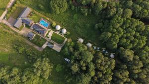 an aerial view of a farm with a house and trees at Namioty w lesie in Ściegny