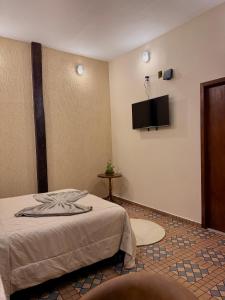 a hotel room with a bed and a flat screen tv at Pousada Nhá Luz in Salesópolis