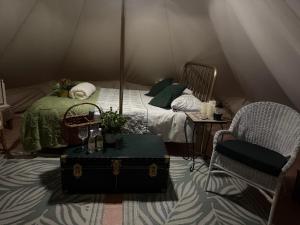 a room with a bed with a trunk and a chair at Rogarnet caravan park in Three Legged Cross