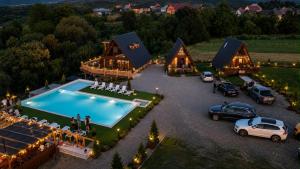 an aerial view of a house with a pool at Căsuțele Ritei in Săpânța